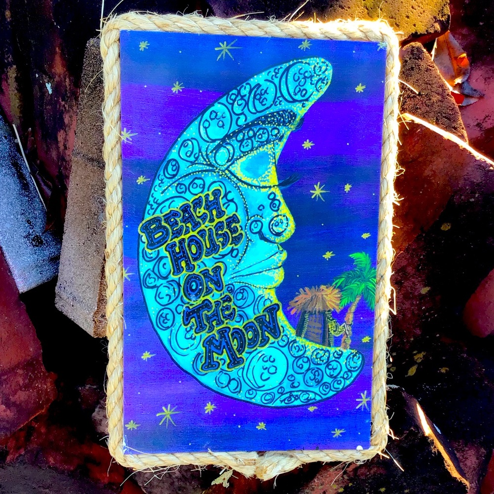 Vintage Hand Painted Wood Sign Beach House On The Moon Boho Celestial Purple 🌙